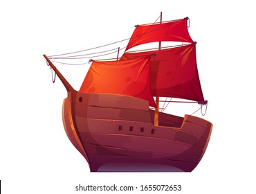 Vector wooden boat with red sails. Pirate merchant ship with blank scarlet canvas. Cartoon old wooden frigate, vintage galleon isolated on white background