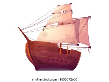Vector wooden boat with white sails. Pirate or merchant ship with blank canvas. Cartoon old wooden frigate, vintage galleon isolated on white background