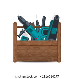 Vector wooden box with electric construction tools isolated on white background. Illustration of toolbox for work, equipment hardware instrument