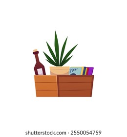 Vector of a wooden box with a plant in a flower pot, books, magazines and a glass bottle. It is ideal for registration of crossings, deliveries and garage sales.