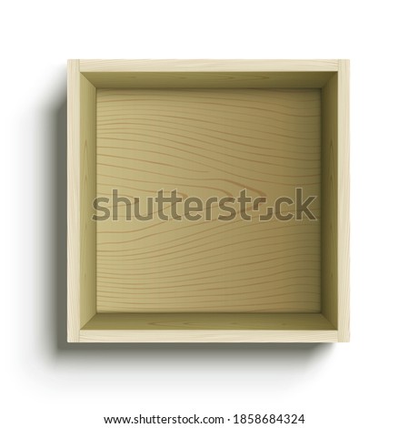 Vector wooden box with shadow, isolated on a white background. Square shape wooden box, hanging on wall, or standing on surface. Small empty box, to be used for object placement, or design decoration.