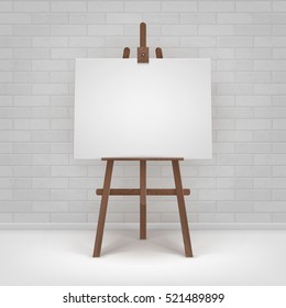 Vector Wooden Brown Easel with Mock Up Empty Blank Horizontal Canvas Standing on Floor in front of Brick Wall