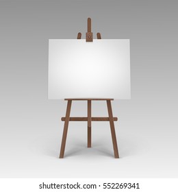 Vector Wooden Brown Easel with Mock Up Empty Blank Horizontal Canvas Isolated on Background