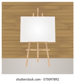 Vector Wooden Brown  Easel with Mock Up Empty Blank Horizontal Canvas Standing on Floor in front of   Wall. Vector image.