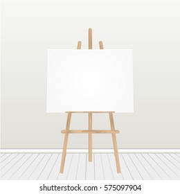 Vector Wooden Brown  Easel with Mock Up Empty Blank Horizontal Canvas Standing on Floor in front of   Wall. Vector image.