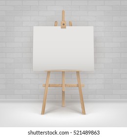Vector Wooden Brown Sienna Easel with Mock Up Empty Blank Horizontal Canvas Standing on Floor in front of Brick Wall