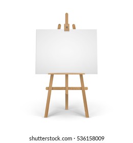 vector flat cartoon wooden easel with paints, empty canvas and painting  brush. Isolated illustration on a white background. Drawing board with  palette Stock Vector