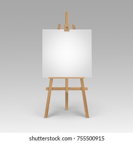 Vector Wooden Brown Sienna Easel with Mock Up Empty Blank Square Canvas Isolated on Background