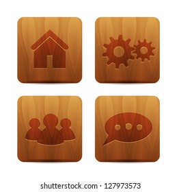 Vector wooden buttons: home, settings, communtiy, chat