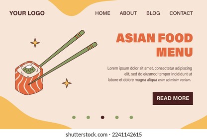 Vector Wooden chopsticks hold sushi roll in retro style. Groovy landing page web template. Website design. Philadelphia sushi and chopsticks 70s. 