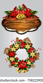 Vector wooden christmas board and poinsettia wreath