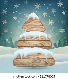 Vector wooden christmas tree winter snow night