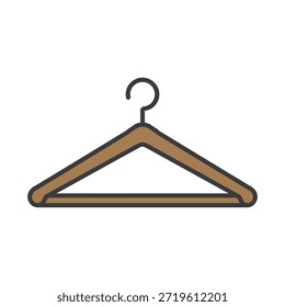 Icono de madera de la suspensión de la ropa del Vector con el gancho del metal, suspensión marrón de la capa en estilo simple.