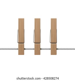 Vector Wooden Clothespins Pegs on Rope Side View Close up Isolated on White Background