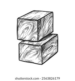 Vector wooden cube or chopped wood sketch. Hand drawn realistic polished lumber or hardwood drawing. Lumberjack material pile or woodpile drawing. Cut firewood bar element. Rough chump or tree piece