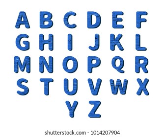 Vector wooden cut out 3d alphabet. Blue color wood texture, display letters