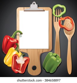 Vector wooden cutting and clipboard with pepper ball, wood  spoon and fork. flat lay style