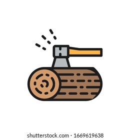 Vector wooden deck and ax flat color line icon.