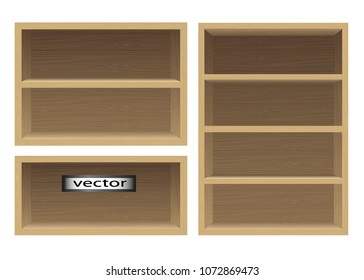 Vector. Wooden display cases, shelves of light yellow wood, wood texture for niches, lockers, shelves to put, put, place the goods, items in the closet.  3D, realistic illustration