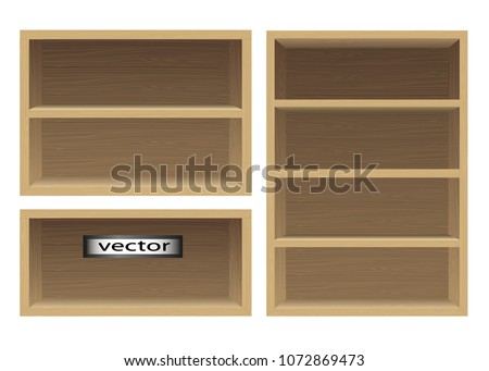 Vector. Wooden display cases, shelves of light yellow wood, wood texture for niches, lockers, shelves to put, put, place the goods, items in the closet.  3D, realistic illustration