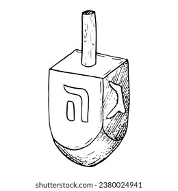 Vector wooden dreidel black and white illustration for Hanukkah greeting card. Jewish sevivon toy with Hebrew letters