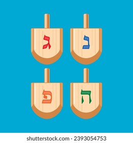 Vector Wooden Dreidels. Set of wooden spinning top with Hebrew letters meaning "A big miracle happened here". Happy Hanukkah Jewish holiday