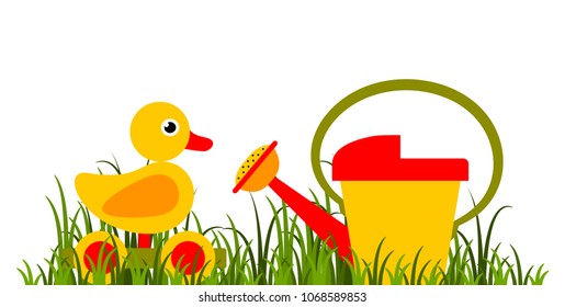 vector wooden duck pull toy and watering can in grass isolated on white background