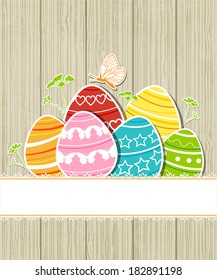 Vector wooden Easter background with eggs and butterfly