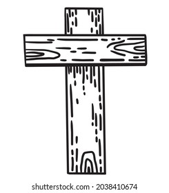 Cruz del símbolo sagrado de la Pascua de madera vectorial. Dibujar la caricatura del doodle con un estilo grabado aislado en el fondo blanco. 