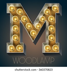 Vector wooden electric light up lamp alphabet in hard font. Letter M