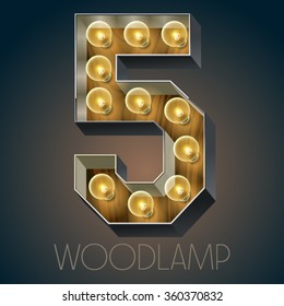 Vector wooden electric light up lamp alphabet in hard font. Number 5