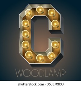 Vector wooden electric light up lamp alphabet in hard font. Letter C