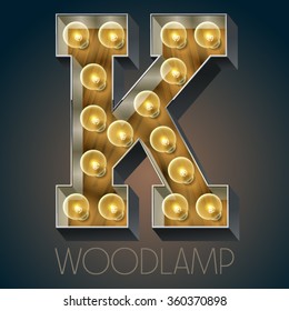 Vector wooden electric light up lamp alphabet in hard font. Letter K