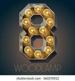 Vector wooden electric light up lamp alphabet in hard font. Number 8