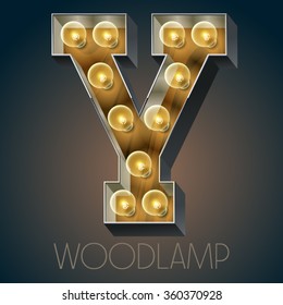 Vector wooden electric light up lamp alphabet in hard font. Letter Y