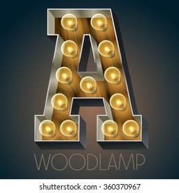 Vector wooden electric light up lamp alphabet in hard font. Letter A