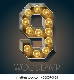 Vector wooden electric light up lamp alphabet in hard font. Number 9