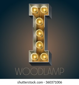 Vector wooden electric light up lamp alphabet in hard font. Letter I