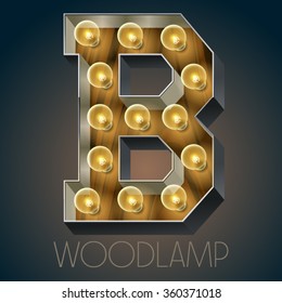 Vector wooden electric light up lamp alphabet in hard font. Letter B