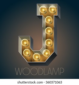 Vector wooden electric light up lamp alphabet in hard font. Letter J