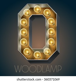 Vector wooden electric light up lamp alphabet in hard font. Letter O