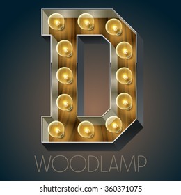 Vector wooden electric light up lamp alphabet in hard font. Letter D