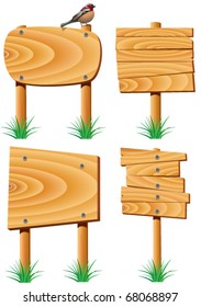 vector wooden elements, grass and a bird