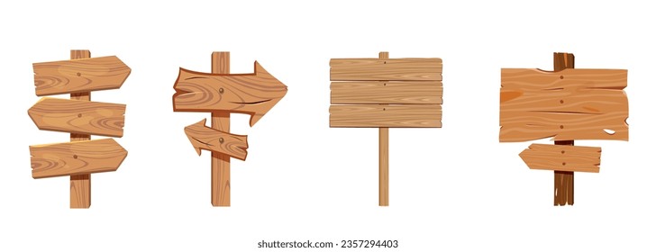 Vector wooden empty four signboards and Wooden pointer. Blank Wooden Billboard, color vector cartoon illustration.