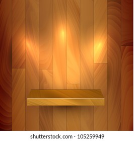 Vector wooden empty realistic bookshelf with lights illustration