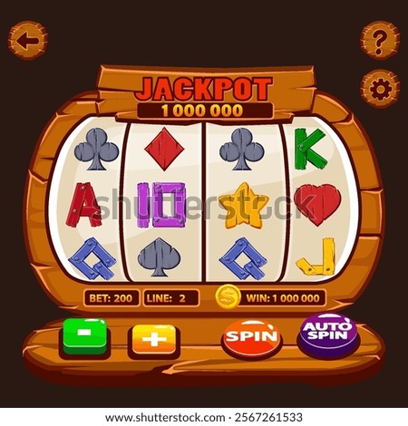Vector Wooden Empty Slot Machine and set of slot symbols. Casino Fortune, Spin Wheel for Gambling
