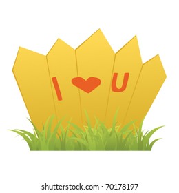 Vector wooden fence with grass and love sign.