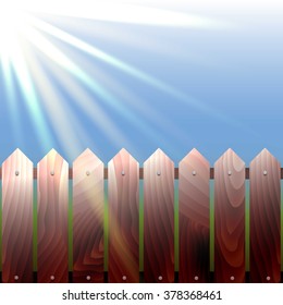 vector,  wooden fence and  sun rays. The sun illuminates the fence 