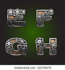 vector wooden figure with gears alphabet set