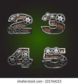 vector wooden figure with gears alphabet set